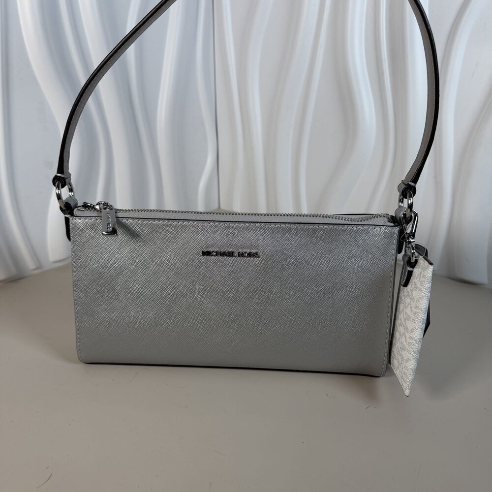 Michael Kors Vincent MD Pouchette Shoulder Bag with Attached Card Holder - Silve